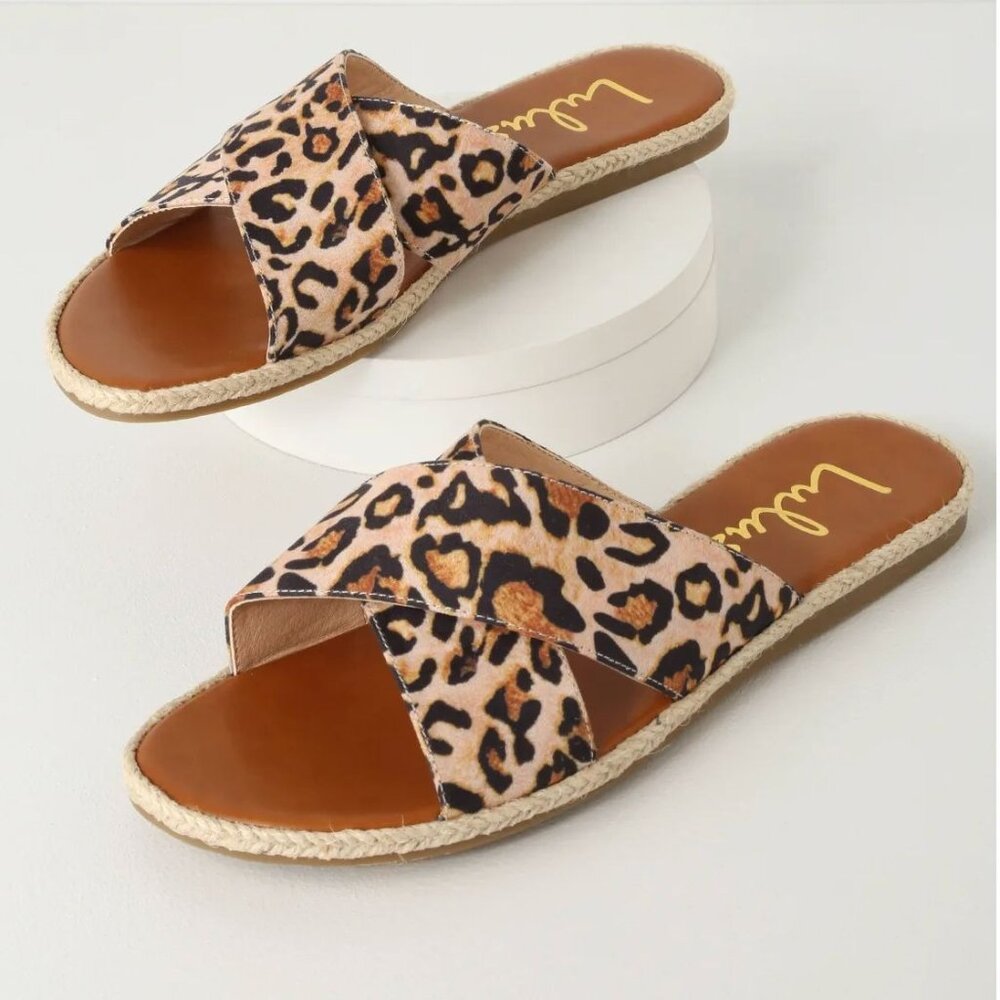 NEW Lulus Size 8.5 Koren Leopard Print Espadrille Slide Sandals Flats Vegan